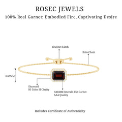 Real 2 Carat Emerald Cut Garnet Bolo Bracelet with Diamond Halo