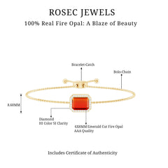 Real 1 Carat Emerald Cut Fire Opal Bolo Bracelet with Diamond Halo