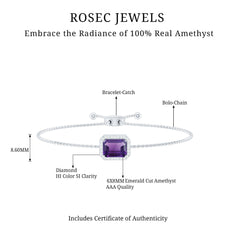 Natural 1.4 Carat Emerald Cut Amethyst Diamond Bolo Bracelet