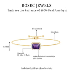 Natural 1.4 Carat Emerald Cut Amethyst Diamond Bolo Bracelet