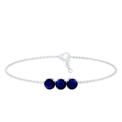 Natural 2.85 Carat Blue Sapphire Three Stone Chain Bracelet