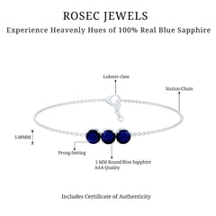 Natural 2.85 Carat Blue Sapphire Three Stone Chain Bracelet