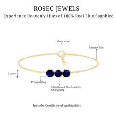 Natural 2.85 Carat Blue Sapphire Three Stone Chain Bracelet