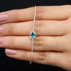 5X7MM Pear Cut London Blue Topaz Solitaire Chain Bracelet