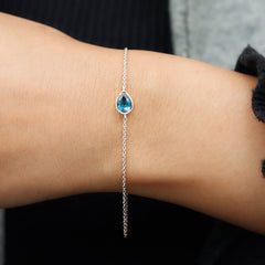 5X7MM Pear Cut London Blue Topaz Solitaire Chain Bracelet