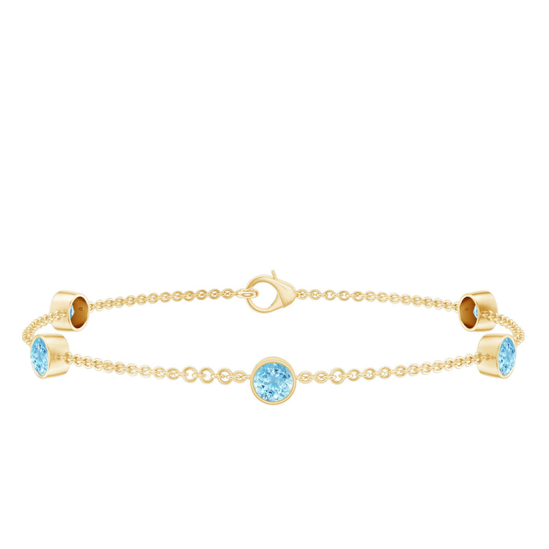 Real Aquamarine Station Chain Bracelet in Bezel Setting