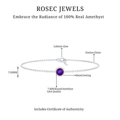 Genuine 7MM Amethyst Solitaire Chain Bracelet in Bezel Set