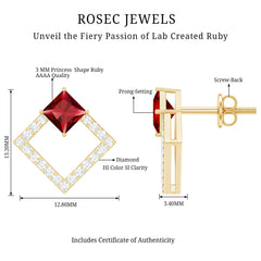 Princess Cut Lab Created Ruby and Diamond Square Stud Earrings