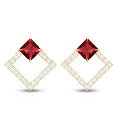 Princess Cut Lab Created Ruby and Diamond Square Stud Earrings