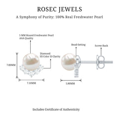 Modern Stud Earrings with Freshwater Pearl and Diamond