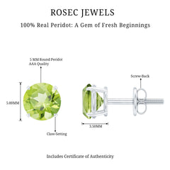 Natural 1 Carat Peridot Stud Earrings with Screw Back