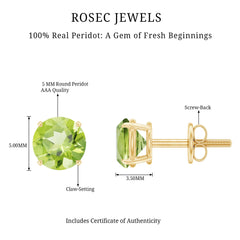 Natural 1 Carat Peridot Stud Earrings with Screw Back
