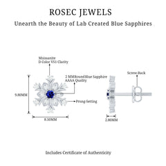 Created Blue Sapphire Snowflake Stud Earrings with Moissanite