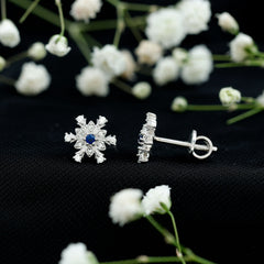 Created Blue Sapphire Snowflake Stud Earrings with Moissanite