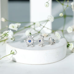 Created Blue Sapphire Snowflake Stud Earrings with Moissanite