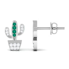 Real Emerald and Diamond Cactus Stud Earrings