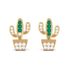 Real Emerald and Diamond Cactus Stud Earrings