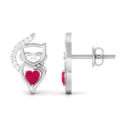 Heart Shape Ruby Cat Stud Earrings with Diamond