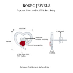 Cute Heart Paw Stud Earrings with Ruby and Diamond