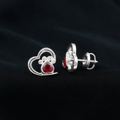 Cute Heart Paw Stud Earrings with Ruby and Diamond