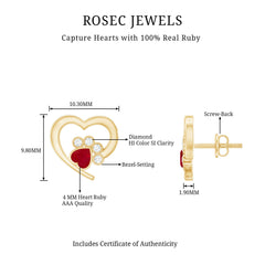 Cute Heart Paw Stud Earrings with Ruby and Diamond