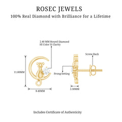 Diamond Cat Moon Stud Earrings for Women