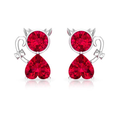 2 CT Kitty Stud Earrings with Round and Heart Shape Created Ruby