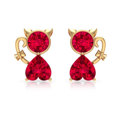 2 CT Kitty Stud Earrings with Round and Heart Shape Created Ruby