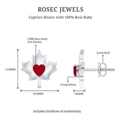 1 CT Heart Shape Ruby Maple Leaf Stud Earrings