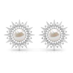 Cultured Freshwater Pearl Diamond Sunburst Earrings