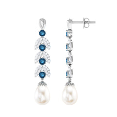 Freshwater Pearl Dangle Earrings with Blue Topaz and Diamond