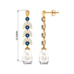 Freshwater Pearl Dangle Earrings with Blue Topaz and Diamond
