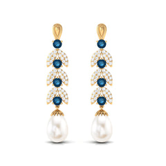Freshwater Pearl Dangle Earrings with Blue Topaz and Diamond