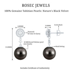 Natural 15 Carat Tahitian Pearl Diamond Drop Earrings for Women