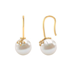 Cultured 10mm Freshwater Pearl Diamond Drop Earrings with Fish Hook