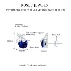 2 Carat Lab Created Blue Sapphire Butterfly Stud Earrings with Moissanite