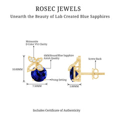 2 Carat Lab Created Blue Sapphire Butterfly Stud Earrings with Moissanite