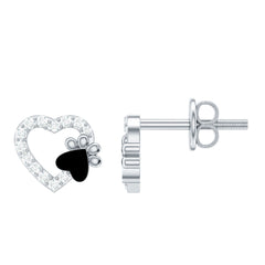 Moissanite Heart and Paw Stud Earrings with Enamel