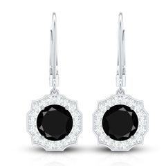 Lab Grown Black Diamond Drop Earrings with Diamond Halo