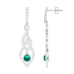 Certified Lab Grown Emerald Dangle Earrings with Diamond Accent