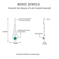 Certified Lab Grown Emerald Dangle Earrings with Diamond Accent