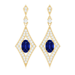 Lab Grown Blue Sapphire Dangle Drop Earrings With Diamond