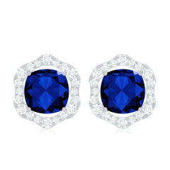 Classic Lab Grown Blue Sapphire Halo Stud Earrings with Diamond