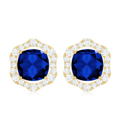 Classic Lab Grown Blue Sapphire Halo Stud Earrings with Diamond