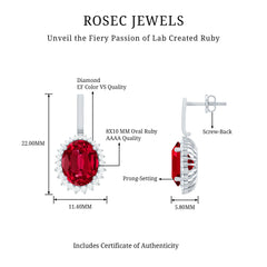 Lab Grown Ruby Vintage Inspired Earrings with Diamond Halo