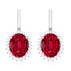 Lab Grown Ruby Vintage Inspired Earrings with Diamond Halo
