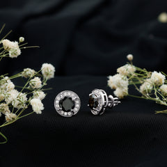 Lab Grown Black Diamond Halo Stud Earrings With Screw Back