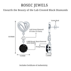 Heart Shaped Lab Grown Black Diamond Drop Earrings With Screw Back