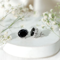 Lab Grown Black Diamond Designer Stud Earrings with Diamond Halo