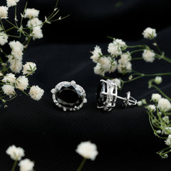 Lab Grown Black Diamond Designer Stud Earrings with Diamond Halo